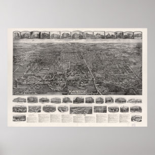 Vintage Pictorial Karta i Manchester CT (1914) Poster