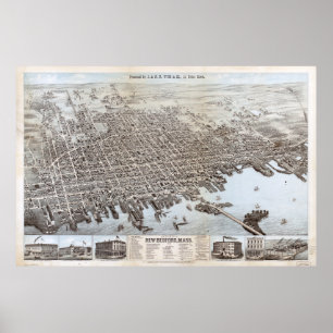Vintage Pictorial Karta i New Bedford MORSA (1876) Poster