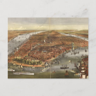 Vintage Pictorial Karta i New York City (1870) Vykort