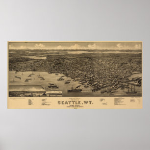 Vintage Pictorial Karta i Seattle (1884) Poster