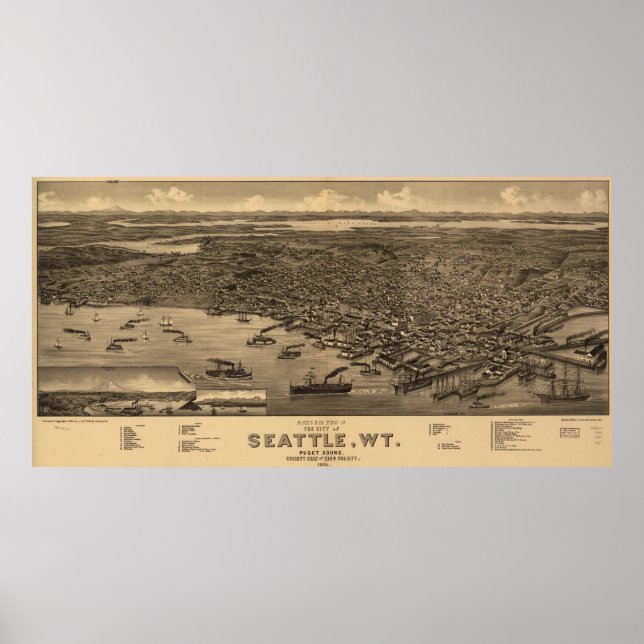 Vintage Pictorial Karta i Seattle (1884) Poster (Framsidan)