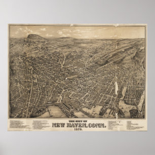 Vintage Pictorial Karta of New Haven CT (1879) Poster