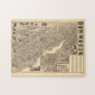 Vintage Pictorial Karta of Norwalds CT (1889) Pussel