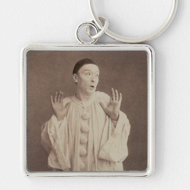 Vintage Pierrot Clown Fyrkantig Silverfärgad Nyckelring (Framsidan)