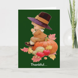 Vintage Pilgrim Boy Praying on Pumpkin Helgkort