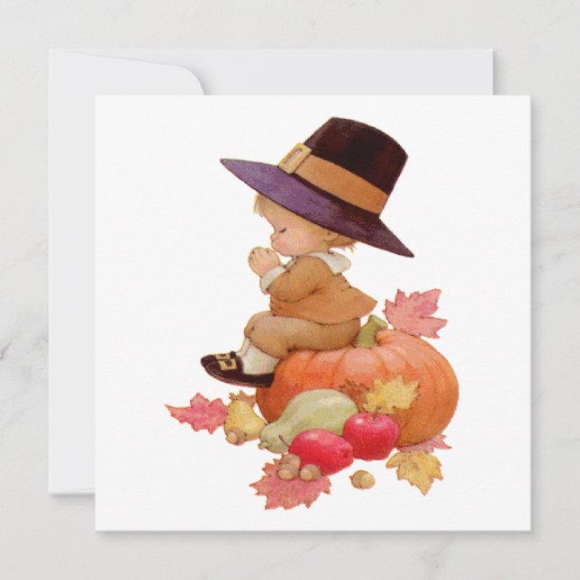 Vintage Pilgrim Boy Praying on Pumpkin Inbjudningar (Framsida)