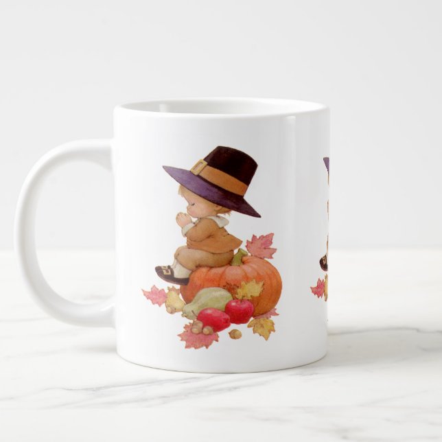 Vintage Pilgrim Boy Praying on Pumpkin Jumbo Mugg (Vänster)