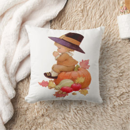 Vintage Pilgrim Boy Praying on Pumpkin Kudde