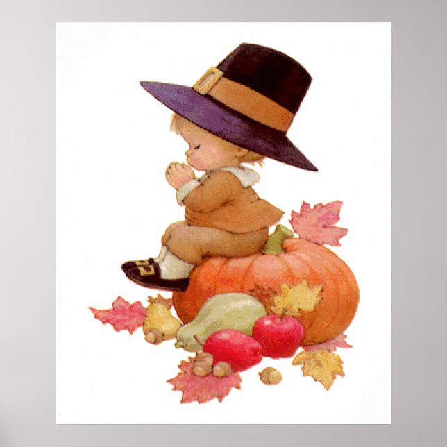 Vintage Pilgrim Boy Praying on Pumpkin Poster (Framsidan)