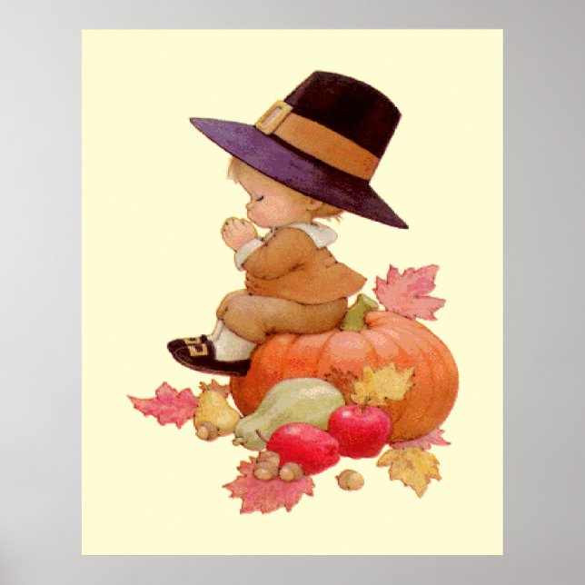 Vintage Pilgrim Boy Praying on Pumpkin Poster (Framsidan)