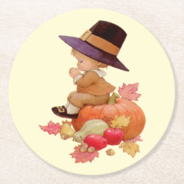 Vintage Pilgrim Boy Praying on Pumpkin Underlägg Papper Rund