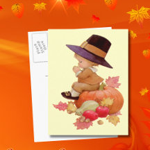 Vintage Pilgrim Boy Praying on Pumpkin