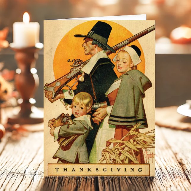 Vintage Pilgrim Familj Thanksgiving Helgkort (Skapare uppladdad)