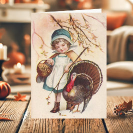 Vintage Pilgrim Girl with Turkey Thanksgiving Helgkort