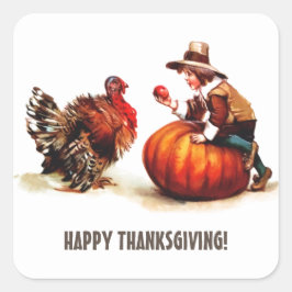 Vintage Pilgrim Kid & Turkey Thanksgiving Fyrkantigt Klistermärke