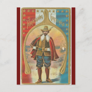 Vintage Pilgrim och en Thanksgiving av fiskben Vykort