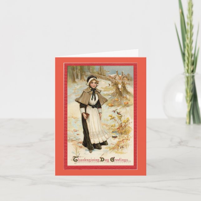 Vintage Pilgrim Woman Thanksgiving Helgkort (Framsida)