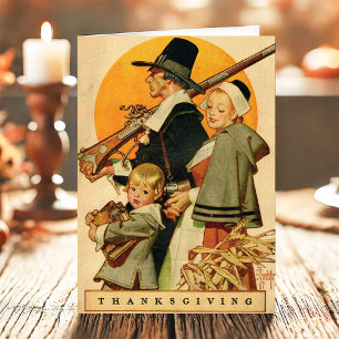 Vintage Pilgrimfamiljens tackgivelsehögtid Helgkort