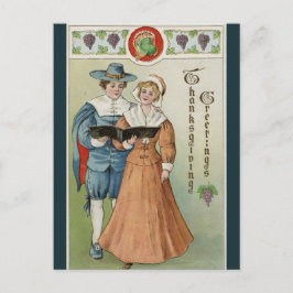 Vintage Pilgrims som delar Thanksgivingen Hymn Bok Vykort