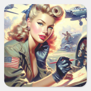Vintage Pilot Pin Up Fyrkantigt Klistermärke