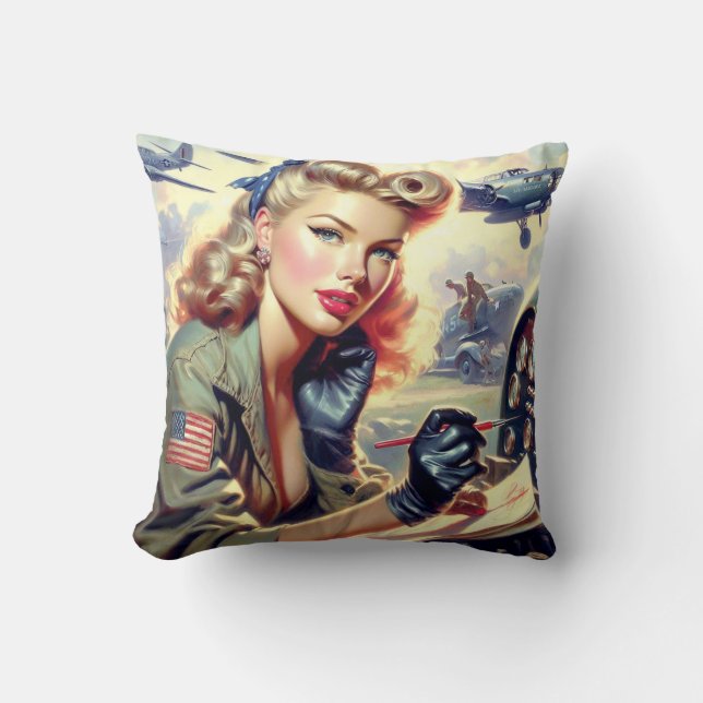 Vintage Pilot Pin Up Kudde (Framsida)