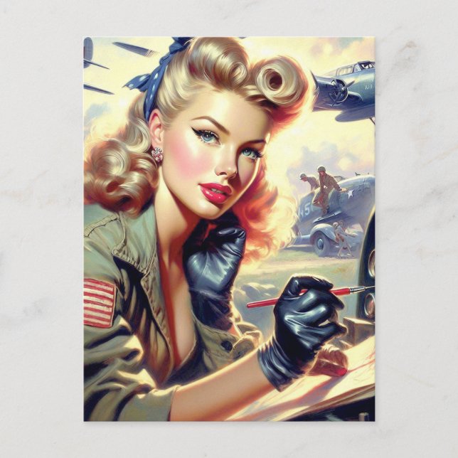 Vintage Pilot Pin Up Vykort (Framsida)