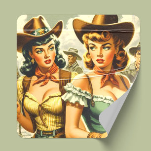 Vintage Pin-up Cowgirl Fyrkantigt Klistermärke