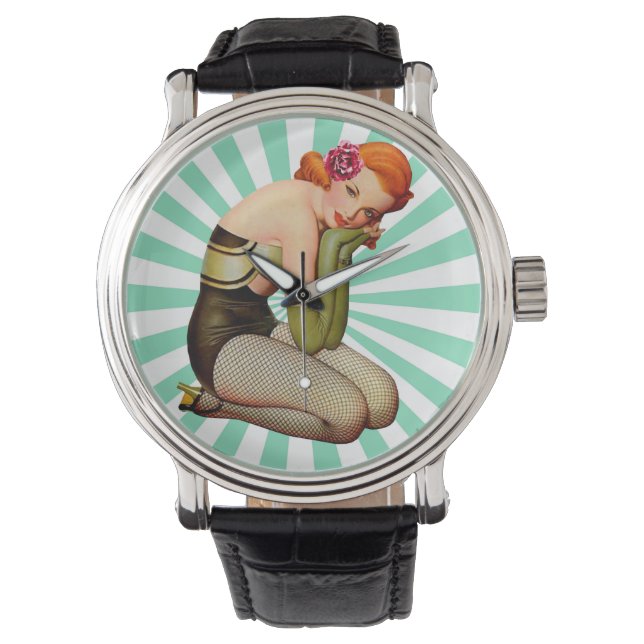 Vintage Pin-up-flicka med ro Armbandsur (Framsida)