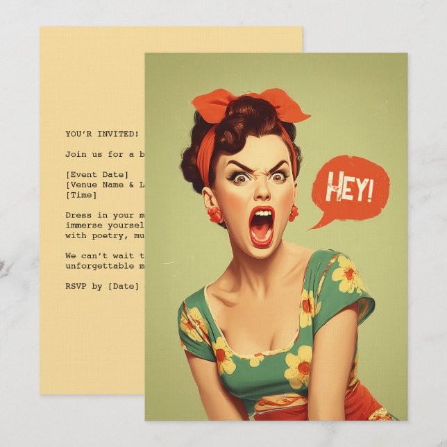 Vintage Pin-Up Kraftfullt Skrik Inbjudningar (Fram/baksida)