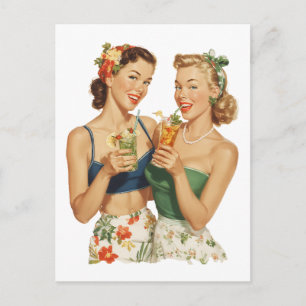 Vintage Pin-Up Sommar Cocktail Vänner Vykort