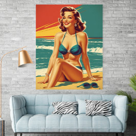 Vintage Pin Up Strand Retro Bikini Kvinna Poster