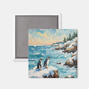 Vintage pingviner på snöig kust julklippa magnet