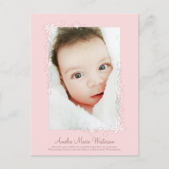 Vintage Pink Birth Announcement Girl Postcard Vykort (Framsida)