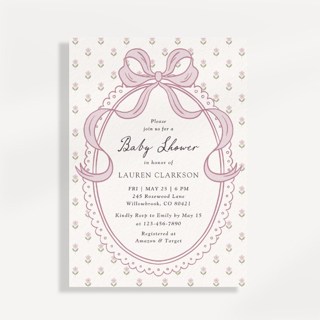 Vintage Pink Bow Frame Baby Shower Invitation Inbjudningar (Skapare uppladdad)
