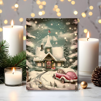Vintage Pink Car & Snowy Cottage Holiday Kort