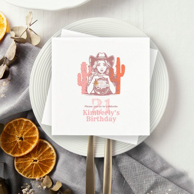Vintage Pink Cowgirl Disco 21st Birthday Party Pappersservett (Skapare uppladdad)