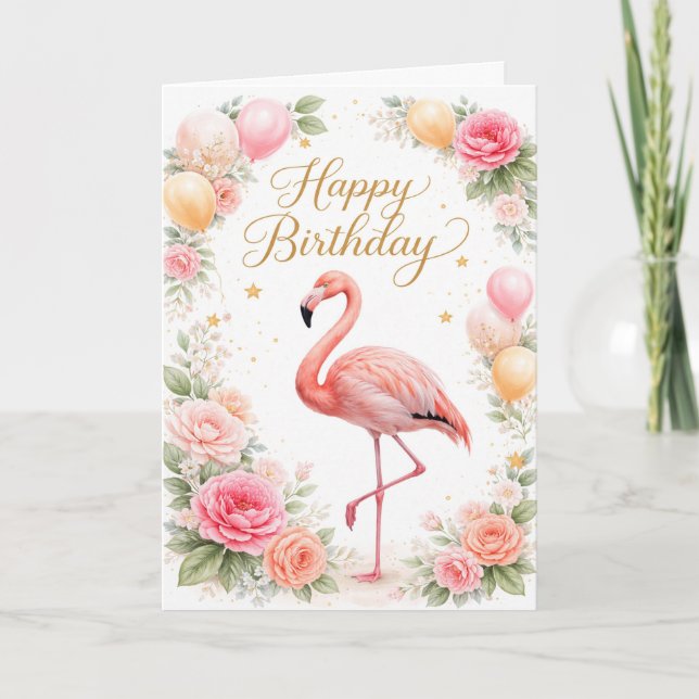 Vintage Pink Flamingo Birthday Kort (Framsida)