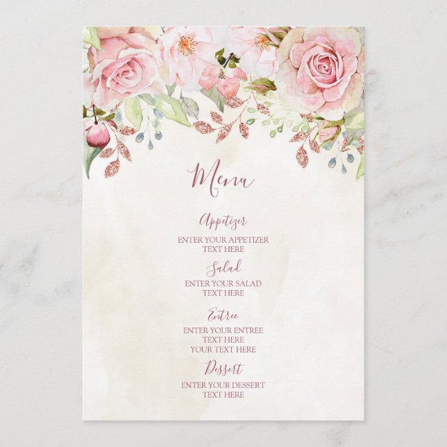 Vintage Pink Floral Spring Wedding Menu Meny (Framsida)