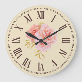 Vintage Pink Rose Blossom Golden Twig Floral Stor Klocka