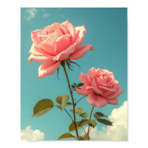 Vintage Pink Roses Blue Sky Botanical Floral Art