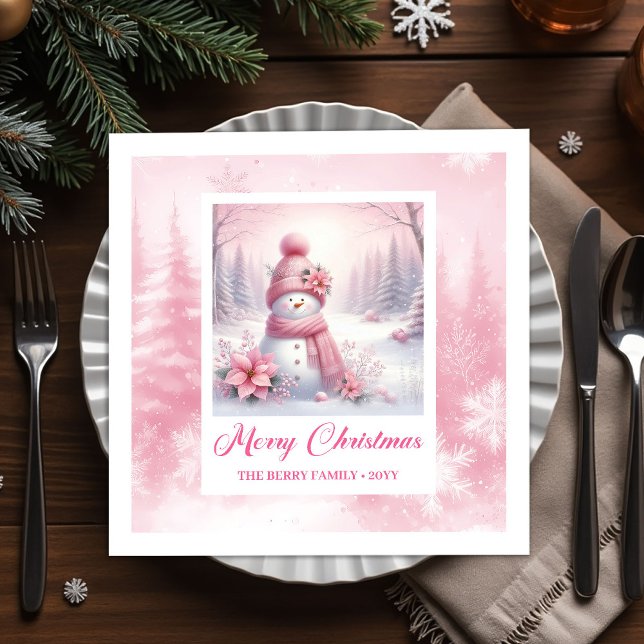 Vintage Pink Snowman Kids Winter Scene Pinkmas  Pappersservett (Vintage Pink Snowman Kids Winter Scene Pinkmas Christmas Napkins

)