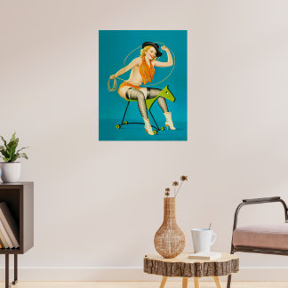 Vintage Pinup Art - Cowgirl Riding Wooden Horse Poster