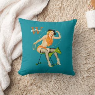 Vintage Pinup Girl - Cowgirl Riding Wooden Horse Kudde