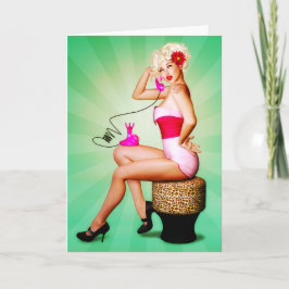 Vintage Pinup Girl på det Mobila hälsningskortet Kort