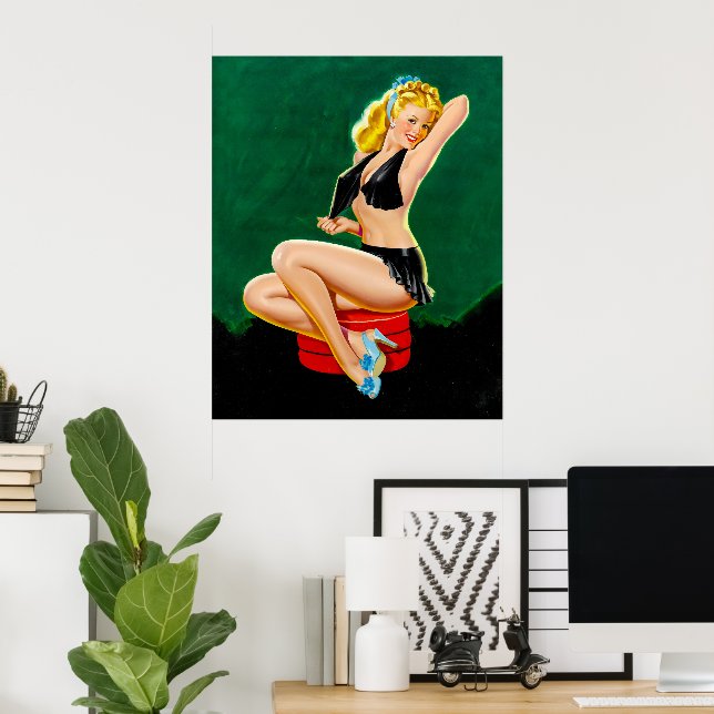 Vintage Pinup Girl, tryckt i svart Poster (Hemmakontoret)