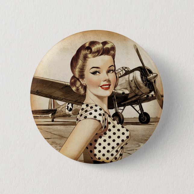 Vintage Pinup Girl & WW2-flygplan, Elegant Knapp (Framsida)