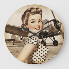 Vintage Pinup Girl & WW2-flygplan, Elegant Stor Klocka