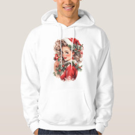 Vintage Pinup Julflicka och Röd kardinal Hoodie