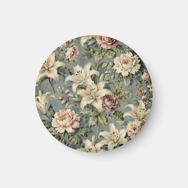 Vintage Pion Lilja Blommönster Magnet (Framsidan)