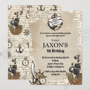 Vintage Pirat Födelsedagsfest Ahoy Matey Gamla Kar Inbjudningar
